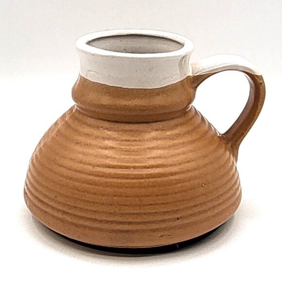 Vintage Cream Brown Glaze Ribbed Pottery No Spill Retro Travel Coffee Mug 14 oz - Picture 1 of 7